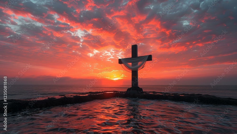 Majestic Sunset Cross on the Ocean Shore A Stunning Display of Faith and Natural Beauty