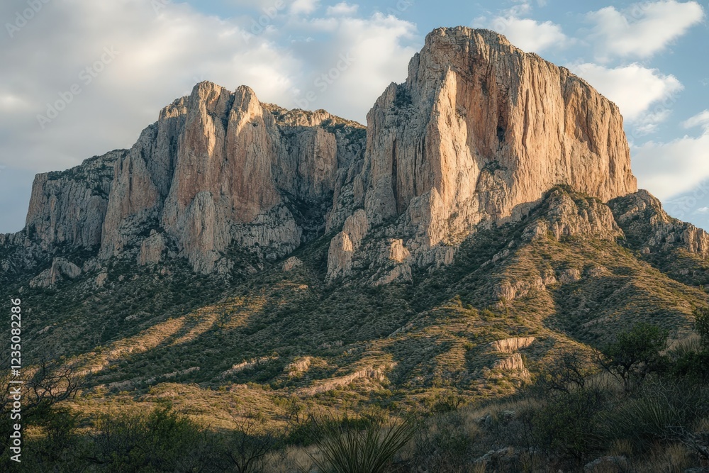 Fototapeta premium Majestic rock formations under a cloudy sky at sunset