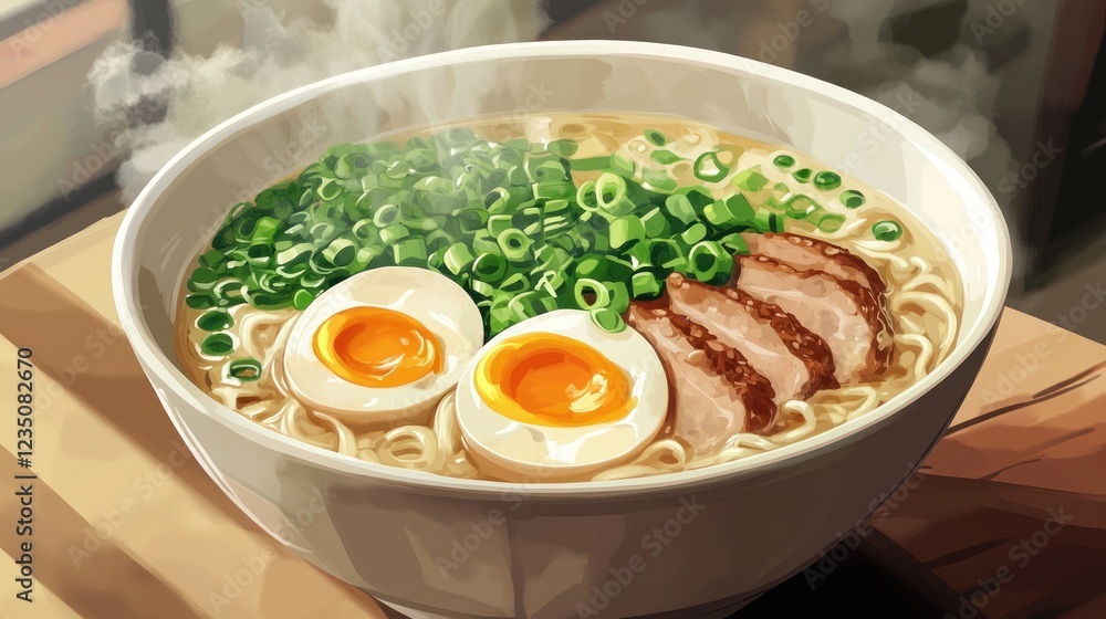 Steaming ramen bowl, eggs, pork, scallions, wooden table, sunlight Steaming ramen bowl, eggs, pork, scallions, wooden table, sunlight