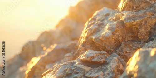 Golden sunlight illuminating rugged rocks by the coast