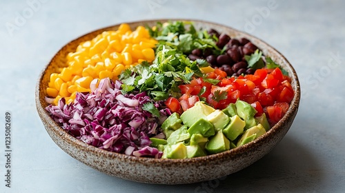 Colorful salad bowl with diced vegetables and fresh herbs on a textured background