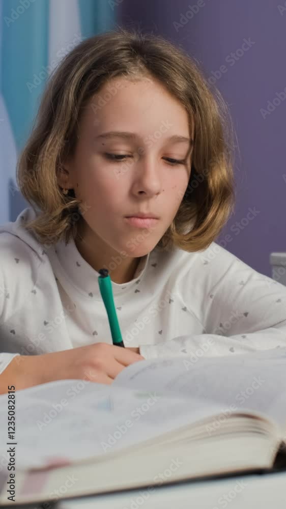 Vertical video. Immersed in her studies, a young girl works at her desk in a warm, inviting room filled with books in the evening Doing homework Vertical video. Immersed in her studies, a young girl works at her desk in a warm, inviting room filled with books in the evening Doing homework