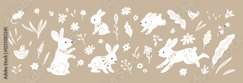 Folk rabbits collection with flowers and nature elements. Cute cartoon white rabbits, mom and baby. Childish vector illustration with rabbits in different poses