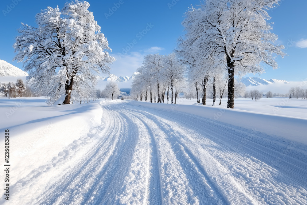 Snowy Road Winding Through Snow Covered Trees on a Sunny Winter Snowy Road Winding Through Snow Covered Trees on a Sunny Winter