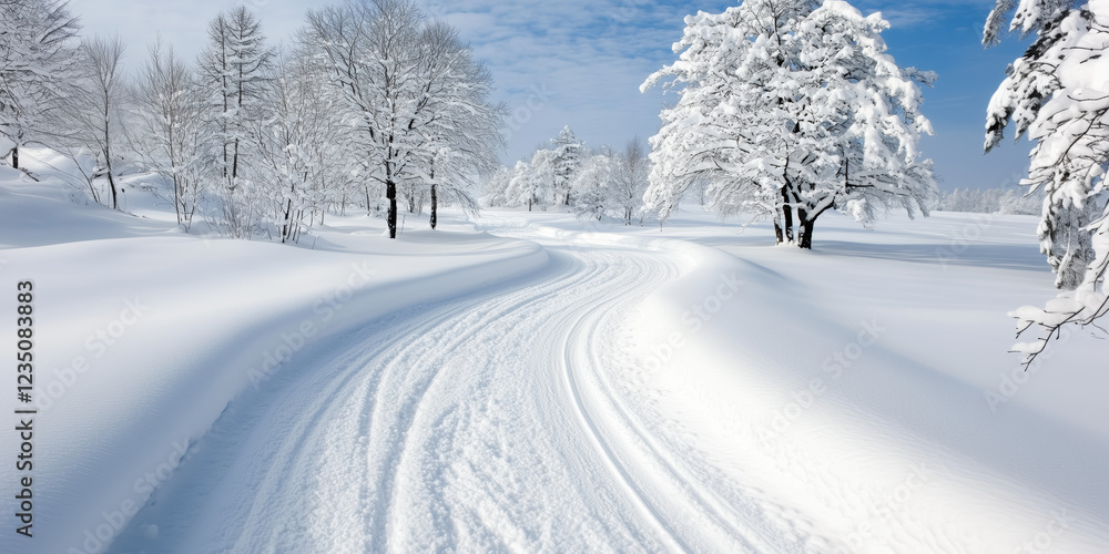 Fototapeta premium Snowy Winter Path Through a Sunlit Forest