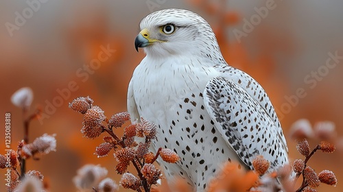White Gyrfalcon Perched on Autumnal Branch