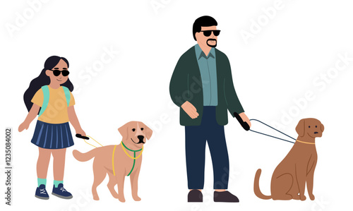 Blind little girl and man with theirs dog guide walking outside