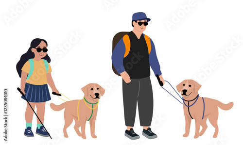 Blind boy and girl with theirs dog guide walking outside