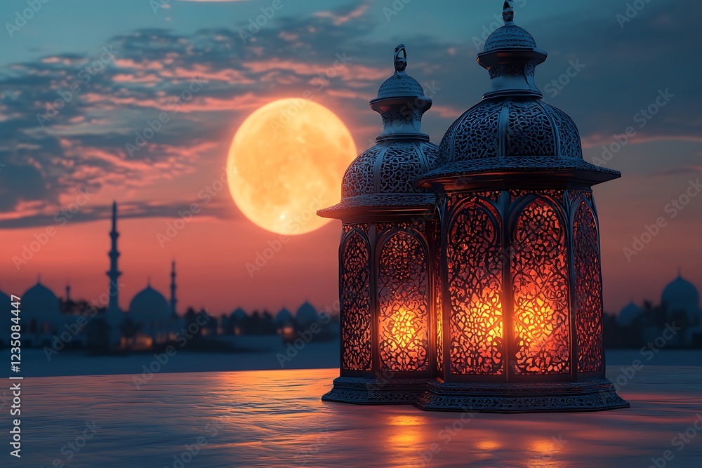 Ornate Illuminated Lanterns with a Full Moon and Mosque Silhouette in the Background
Ornate Illuminated Lanterns with a Full Moon and Mosque Silhouette in the Background