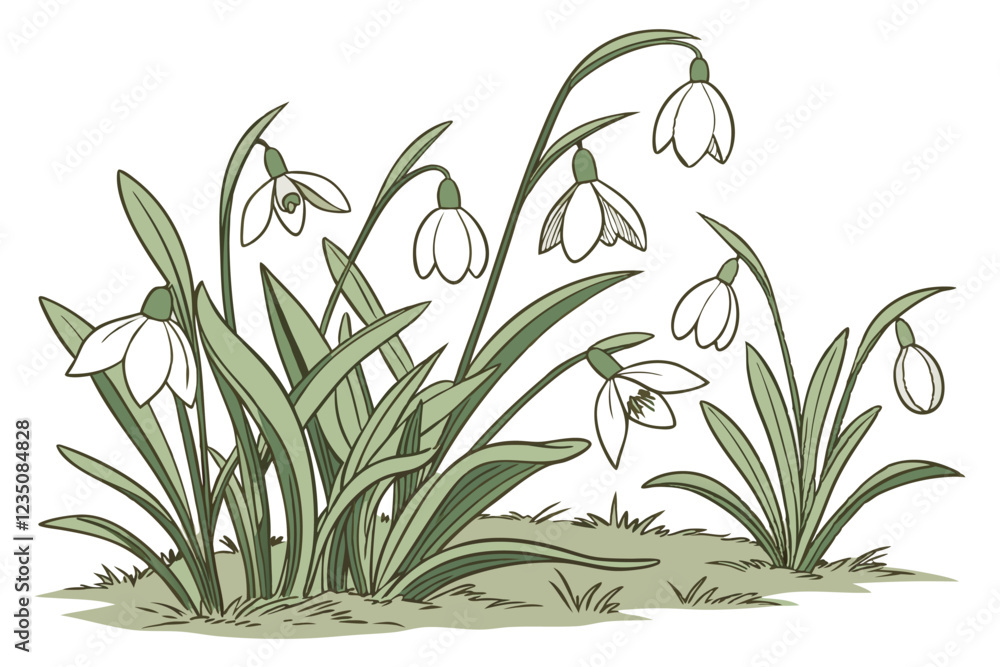 Fototapeta premium White spring flowers, lush green foliage, botanical garden border, fresh blooming plants, delicate petals, vibrant nature scene, soft natural lighting, high detail, macro photography, isolated on whit