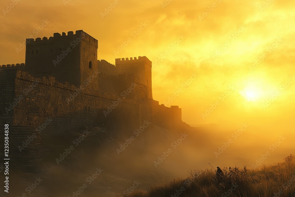 Castle silhouette against a dramatic sunset in a misty landscape Castle silhouette against a dramatic sunset in a misty landscape