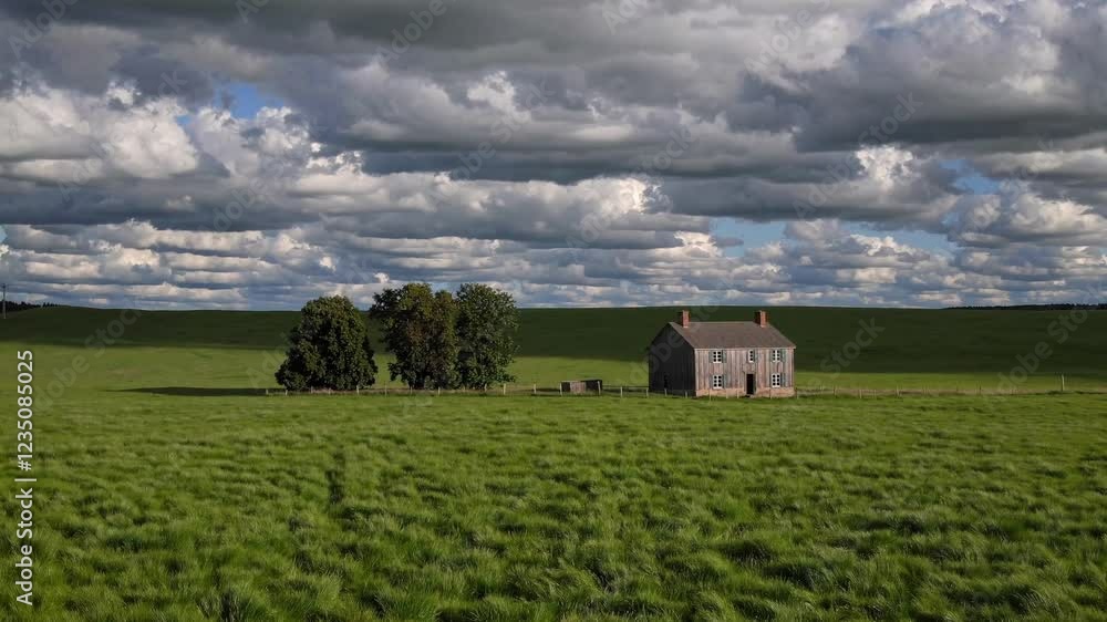 Lush Green Field with Isolated House and Dramatic Cloudy Sky Lush Green Field with Isolated House and Dramatic Cloudy Sky
