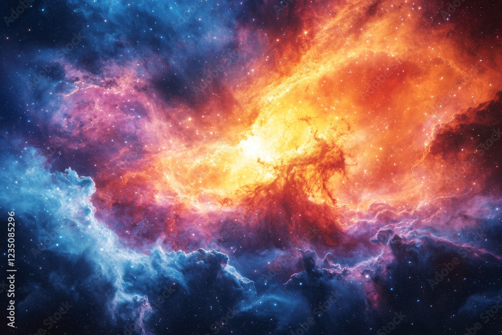 Fototapeta premium Cosmic Nebula: Fiery orange and cool blue hues collide in a celestial dance.