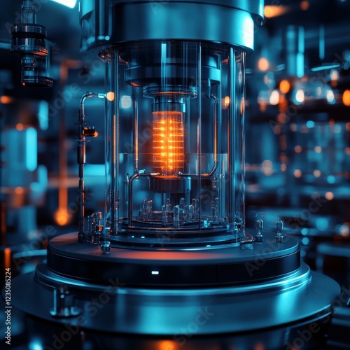 Quantum computer machinery illuminated in blue and orange light photo