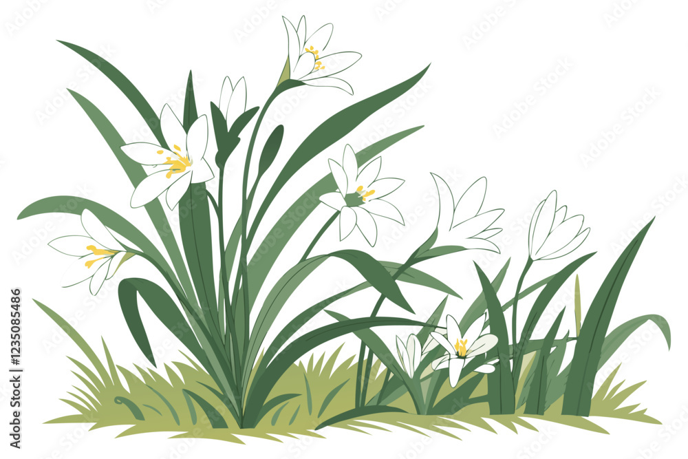 Fototapeta premium White spring flowers, lush green foliage, botanical garden border, fresh blooming plants, delicate petals, vibrant nature scene, soft natural lighting, high detail, macro photography, isolated on whit