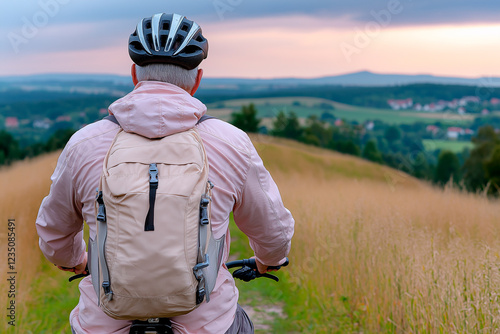 Sporty senior pedaling along scenic path, keeping strong and agile, fresh air and natural setting complementing healthy lifestyle, demonstrating power of movement and longevity. photo