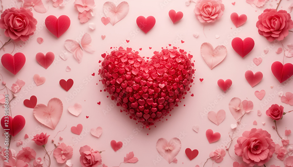 A large red heart made of many small roses is depicted on a pink background. There are small red hearts, branches with pink flowers and sparkles scattered around it. A large red heart made of many small roses is depicted on a pink background. There are small red hearts, branches with pink flowers and sparkles scattered around it.