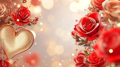Golden Heart Ornament Amidst Red Roses, Perfect for Valentine's Day, A captivating image showcasing a golden glitter heart ornament against a soft, pastel background.