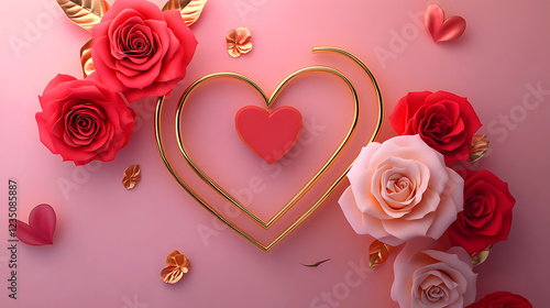 Golden Heart Framed by Red Roses on a Pink Background, A striking image showcasing a gold heart shape, with a ribbed, 3D effect, set against a vibrant pink backdrop.