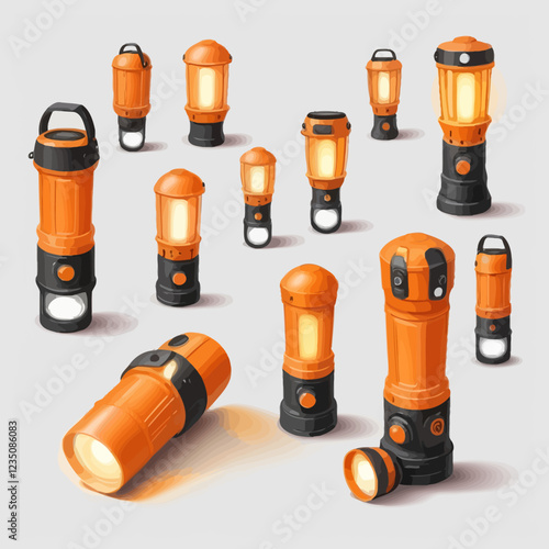 Realistic handheld flashlight in different positions. Modern lighting equipment. Tourist accessory. 3D image on white background. Orange flashlights with buttons