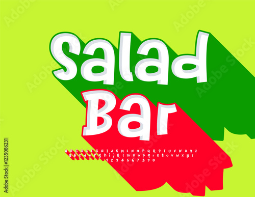 Vector Advertising label Salad Bar. Playful Font with Big Red Shadow. Artistic set of Bright Alphabet Letters and Numbers.