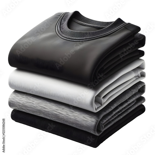 3 Set of pile stack group of folded blank black grey gray white tee t shirt sweater round neck isolated on white background