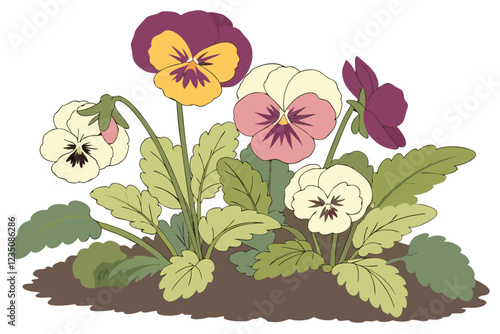  Vibrant pansies, colorful flower bed, lush green foliage, mixed pansy varieties, springtime garden display, bright floral arrangement, multicolored blooms, botanical photography, isolated on white ba