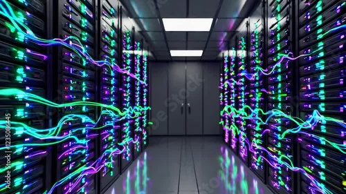 Colorful and Dynamic Data Center with Glowing Server Racks
