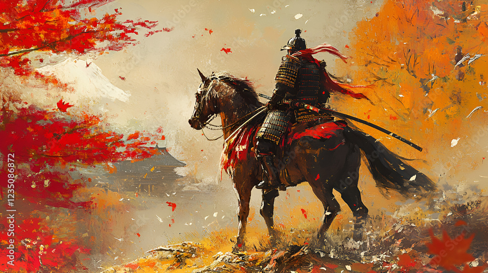 Fototapeta premium Artistic Style Painting of Japanese Samurai Riding A Horse Aspect 16:9 
