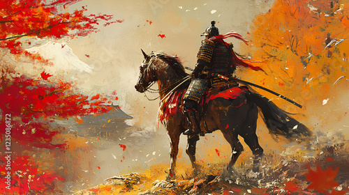 Artistic Style Painting of Japanese Samurai Riding A Horse Aspect 16:9  photo