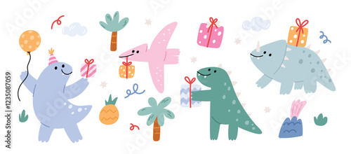 Cute funny dinosaurs with gifts. Festive dinosaurs in pastel color. Childish vector illustration isolated white background