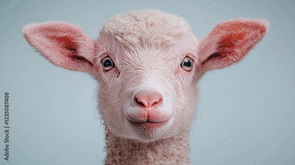 Fototapeta premium Cute lamb portrait, studio shot, soft background, farm animal