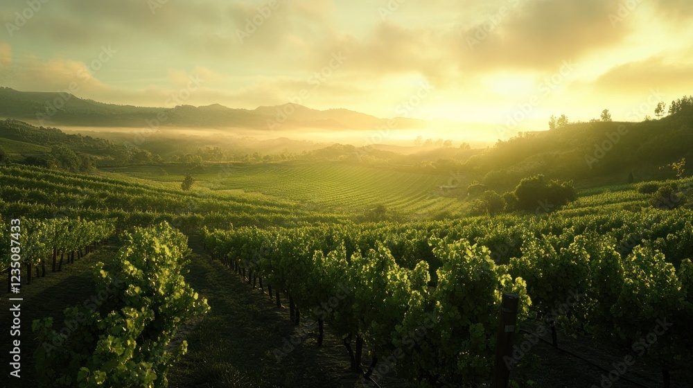 Naklejka premium Sunrise over vineyard valley, misty hills, idyllic landscape, wine tourism
