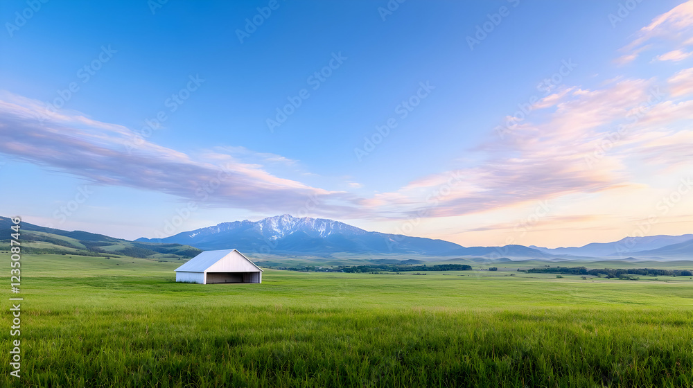 Obraz premium White barn stands in a vast green meadow under a colorful sunrise sky with mountains in the background.