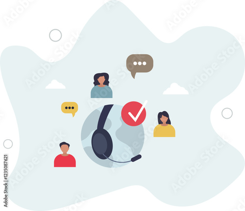 Online customer service with global support center..International assistance with call agent for telemarketing and find user solutions.flat characters.