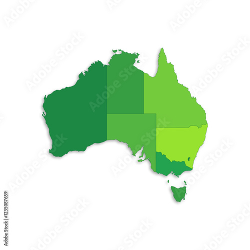 Australia map with border highlighted regions, states, isolated on white background. Template map of Australia. Detailed vector illustration.