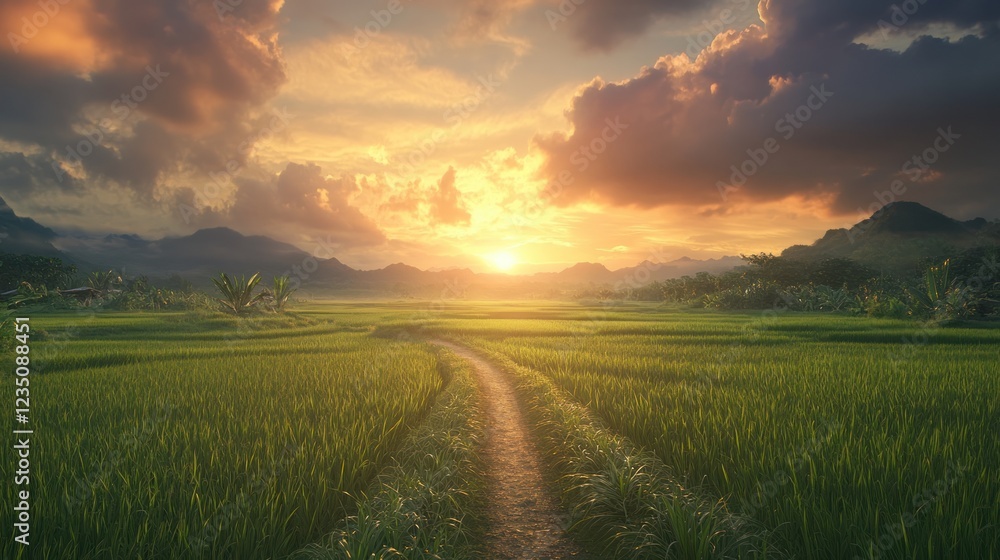 Obraz premium Sunset path through rice paddies, rural scene, peaceful nature, travel background