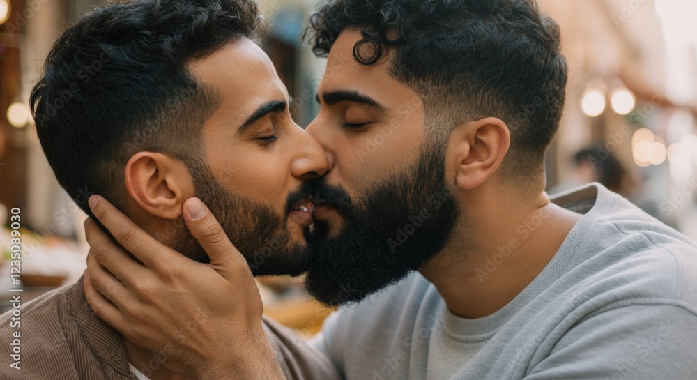 Romantic moment between two middle eastern men sharing an intimate kiss in a vibrant urban setting Romantic moment between two middle eastern men sharing an intimate kiss in a vibrant urban setting