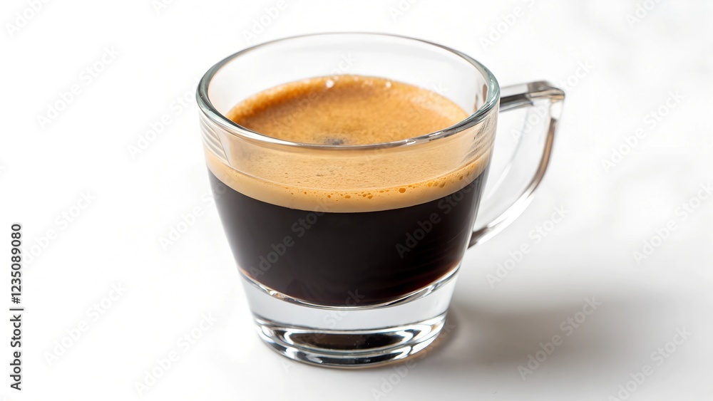 A clean, studio shot of a single serving of espresso in a clear glass cup. The espresso displays a rich, A clean, studio shot of a single serving of espresso in a clear glass cup. The espresso displays a rich,