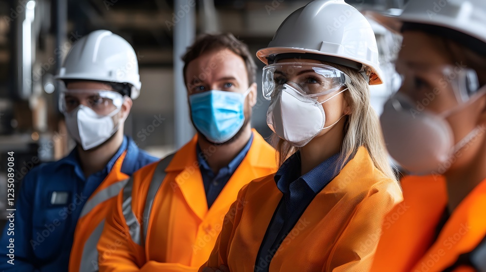 Workers in safety gear at a construction site. Workers in safety gear at a construction site.