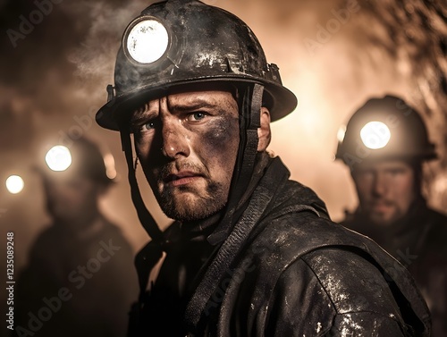 Focused miner in dark underground environment. photo