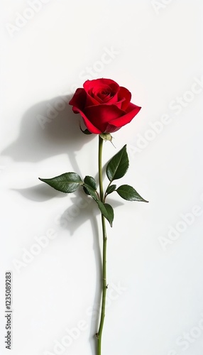 Wallpaper Mural Single red rose with green leaves on a white background casting a soft shadow Torontodigital.ca