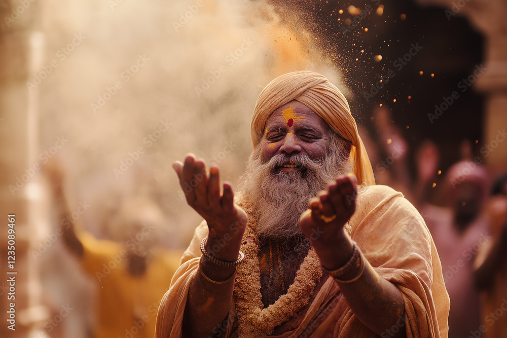 Obraz premium happy man celebrates Holi festival in the background of other celebrating Hindus throwing colorful gulaal at each other, generative AI
