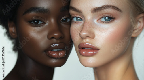 Diverse female models embracing, representing multicultural beauty and inclusive marketing campaign