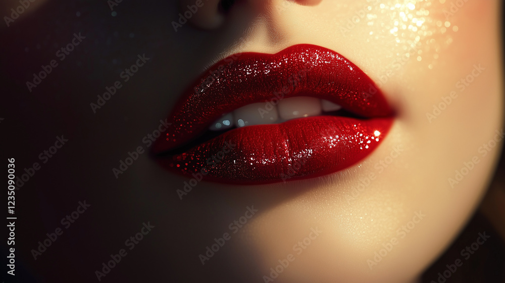 Fototapeta premium Glittering red lips highlighting dramatic evening makeup, conveying sensual feminine beauty