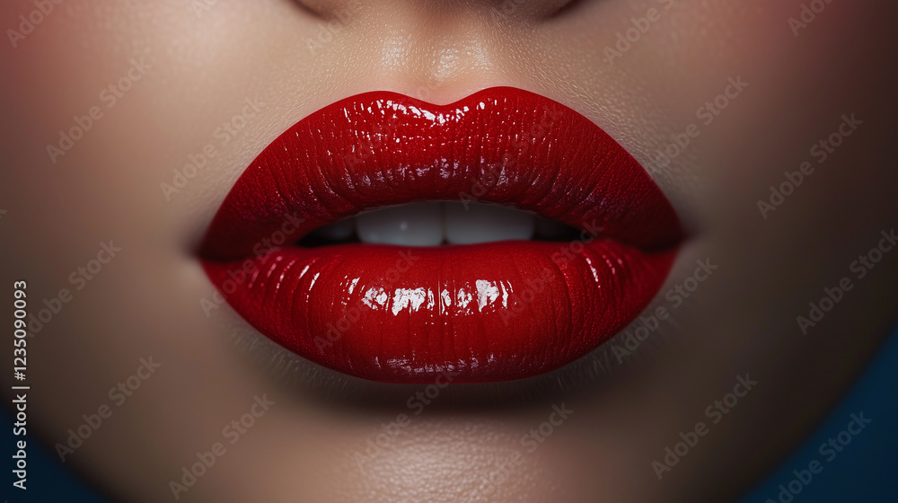 Obraz premium Vibrant red lips highlighting flawless makeup, showcasing sensual beauty through elegant close-up portrait revealing feminine glamour