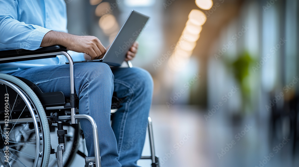 Handicap Businessman, Entrepreneur or Manager in Wheelchair Working Remotely on Laptop, Accessible Workspace for Professionals with Disabilities, Empowerment and Inclusion in Business, DEIB, DEI. Handicap Businessman, Entrepreneur or Manager in Wheelchair Working Remotely on Laptop, Accessible Workspace for Professionals with Disabilities, Empowerment and Inclusion in Business, DEIB, DEI.