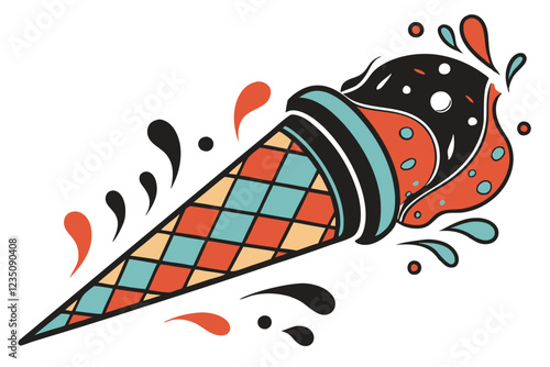Abstract paint splatter, vibrant colors, cone shape, artistic composition, multicolored dots, dynamic flow, black to blue gradient, orange and red accents, textured surface, paint drips, colorful expl