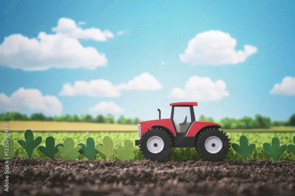 Red toy tractor on tilled soil, young plants emerging, sunny sky. Red toy tractor on tilled soil, young plants emerging, sunny sky.