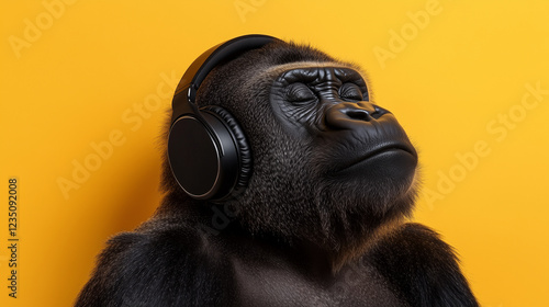 Gorilla immersing in music, wireless headphones adorning head, relaxing against bright yellow backdrop with eyes peacefully closed photo